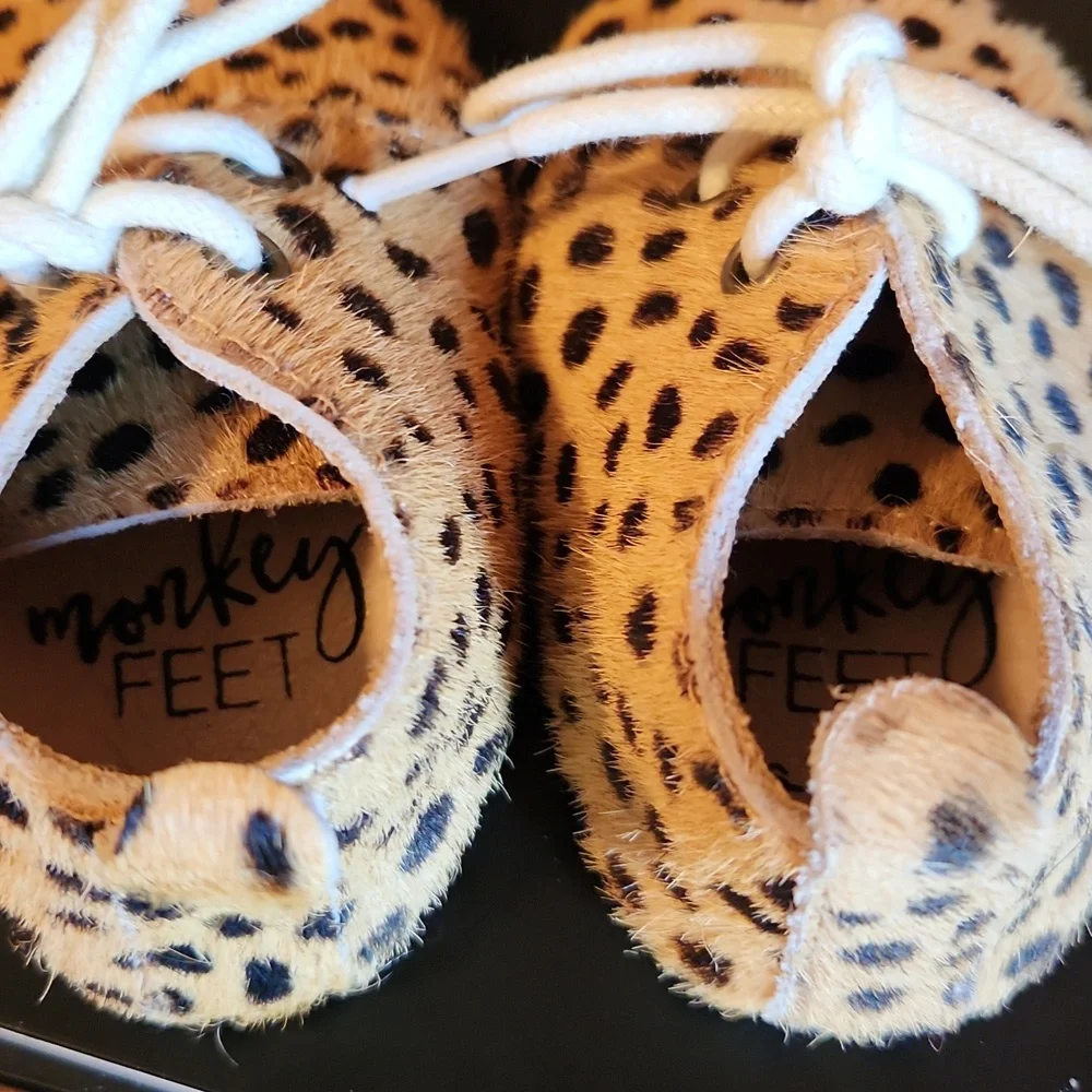 Monkey Feet Tan and Black Leopard Print Faux Fur Baby Shoes 6-12months